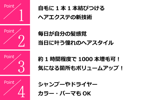 ヘアエクステリクラットのポイント　自毛に1本1本むず日つけるヘアエクステの新技術　毎日が自分の髪感覚、本当に叶う憧れのヘアスタイル　約1時間程度で1000本増毛可！気になる箇所もボリュームアップ！　シャンプーやドライヤー、カラー、パーマもOK